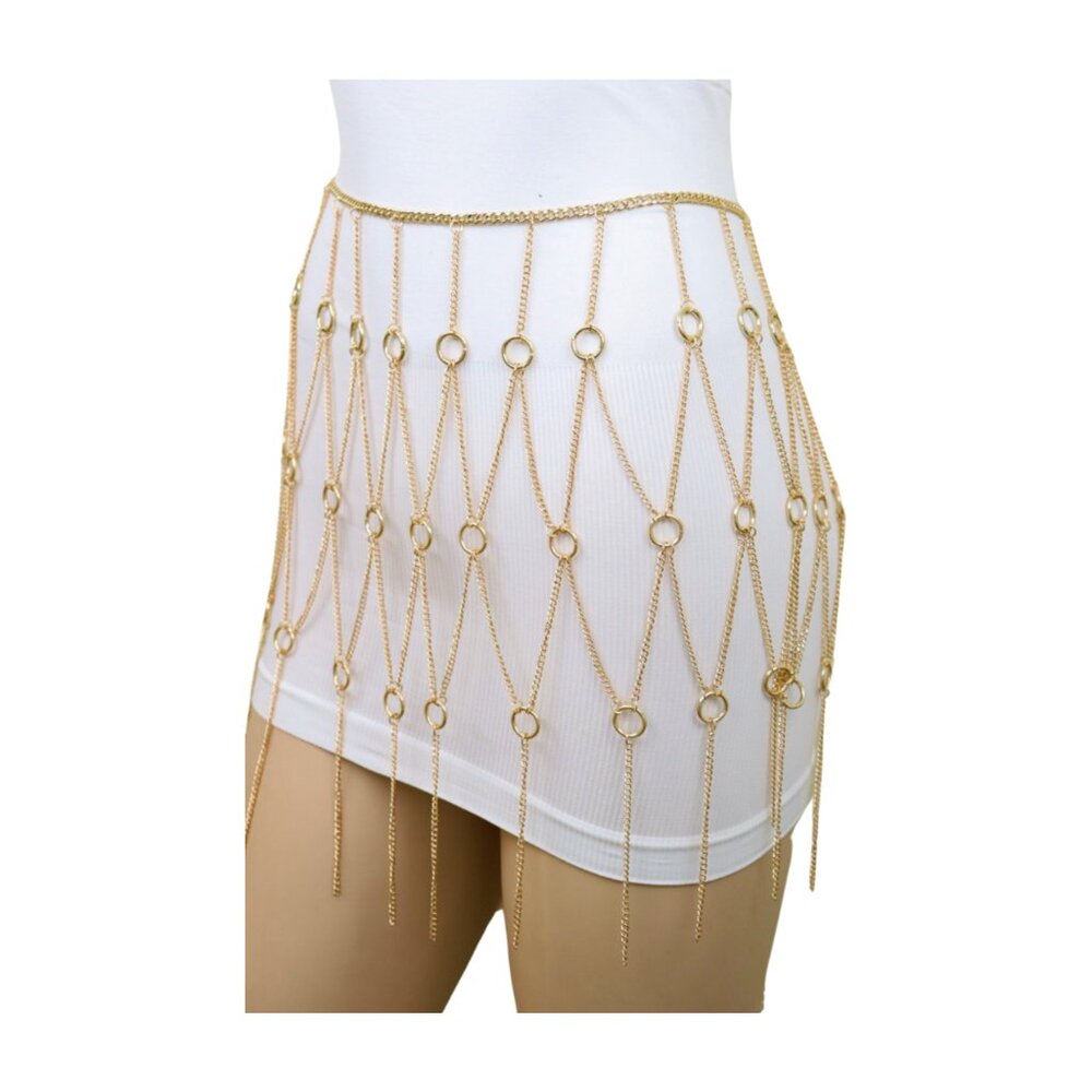 Women Gold Metal Chain Circle Rings Skirt Long Tassel Sexy Belt High Waist S M - Picture 17 of 17